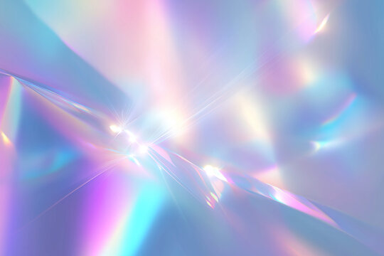 Abstract soft pastel holographic background with bright starburst and lens flare, dreamy iridescent pink and blue fantasy light concept