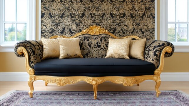 Glamorous glam rock living room. Ornate black and gold sofa centered. Rich black and gold damask wallpaper. Vintage oriental rug. Opulent.