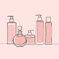 Elegant collection of pink perfumes and skincare bottles arranged on a shelf