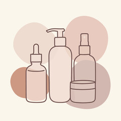 Illustration of three skincare bottles arranged on a soft background