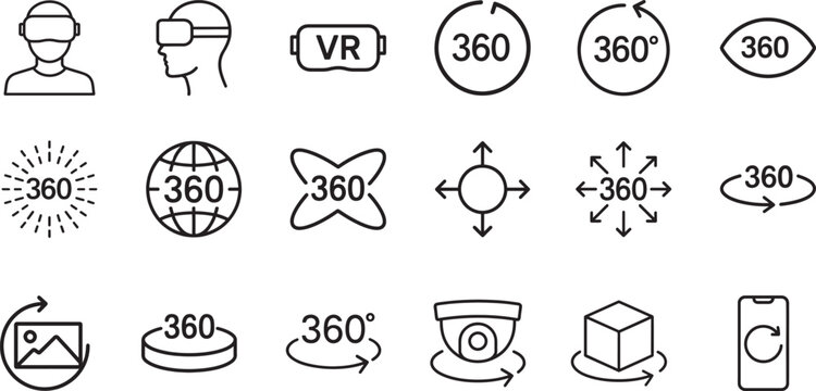360 degree image view web icons set with rotation, panorama and virtual tour symbols for UI design