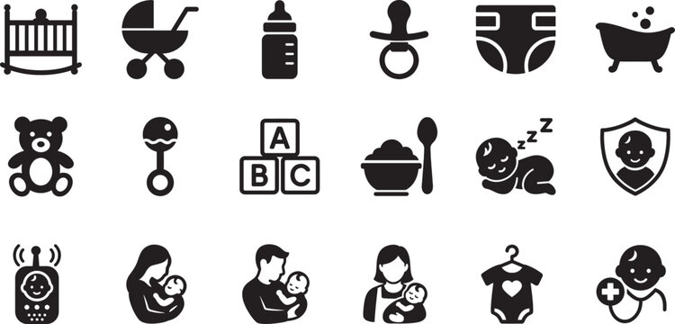 Child care line icon set with baby, parenting, nursery, education and safety symbols for web and app
