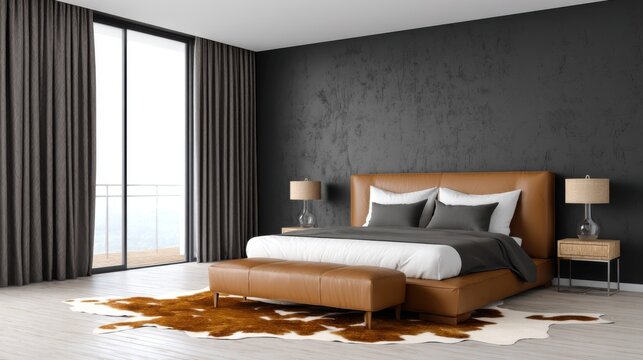 Masculine bedroom. Brown leather bed centered. Dark graphite wall. Cowhide rug. Blackout grey curtains.