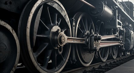 Closeup of vintage steam locomotive wheels and connecting rods on a railway track.