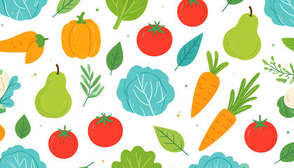 Adorable seamless pattern featuring cabbage, pepper, pear, and tomato, cute fruit and vegetable design.