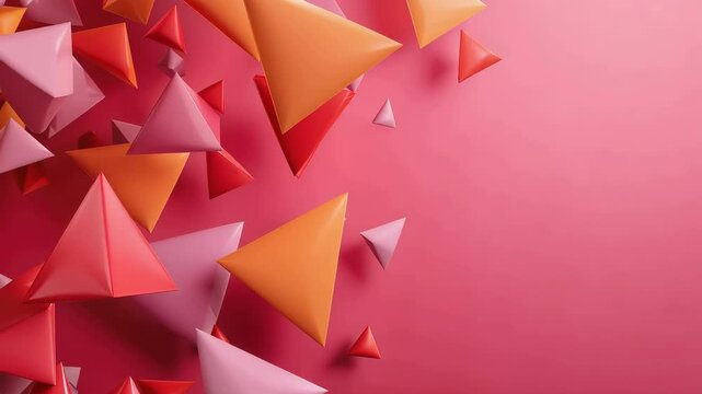 Floating 3D triangular pyramids drift across pink background with orange red and white geometric shapes