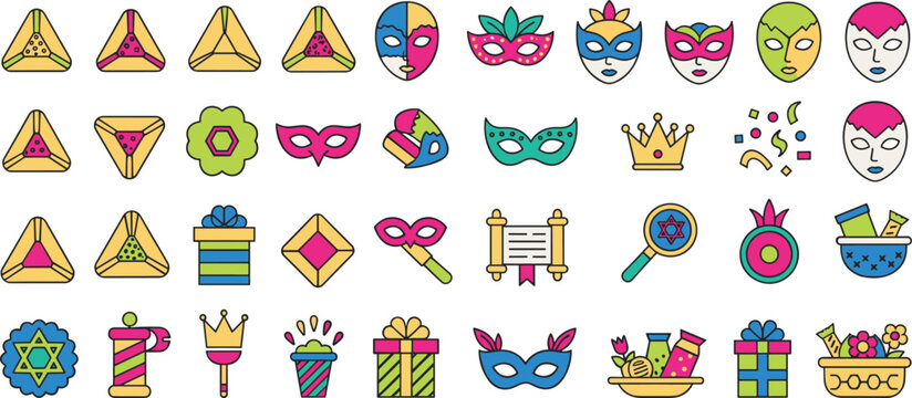 Purim Icon Set with Hamantaschen Masks Gifts Crown Scroll and Festive Symbols Isolated on White