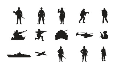 Obraz premium Military icons including soldiers, tank, helicopter, ship, and airplane
