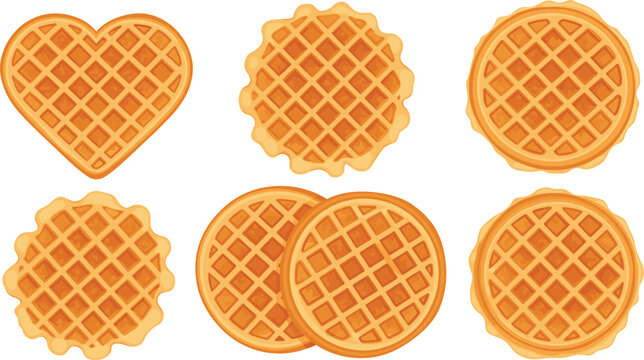 Set of Belgian waffles in various shapes heart round and square top view vector illustration isolated on white background.