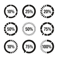 Obraz premium Nine circular progress bar icons with percentages on white background