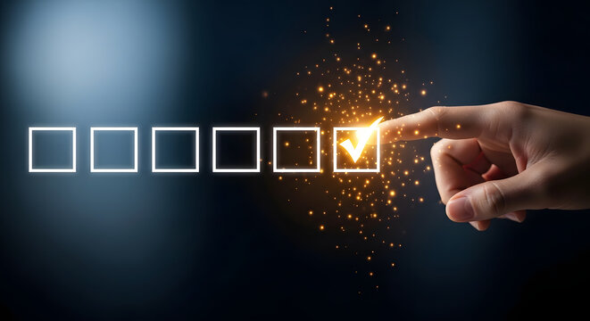 Digital Checklist: A modern depiction of digital task completion, a finger pressing a glowing checkmark box, illuminating the concept of task completion and efficiency.