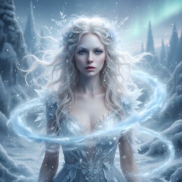 Retrato art&iacute;stico de una diosa de hielo en un paisaje invernal, est&eacute;tica de fantas&iacute;a, arte generado por IA