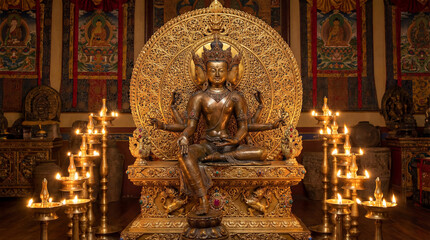 Fototapeta premium Golden deity statue is seated in meditative pose, surrounded by intricate carvings and glowing candlelight, creating serene and spiritual atmosphere in richly decorated temple