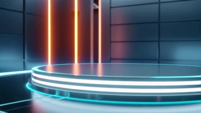 Futuristic stage design with glowing neon lights and sleek reflections, ideal for presentations and events.