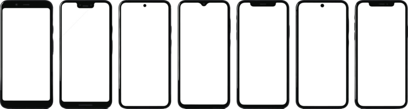 Collection of modern smartphone mockup frames with blank screens, realistic mobile device templates for app presentation, UI design showcase and responsive digital display concepts