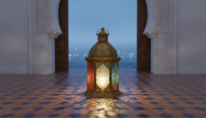 Moroccan lantern with warm golden glow and intricate Islamic patterns, serene Ramadan ambiance.