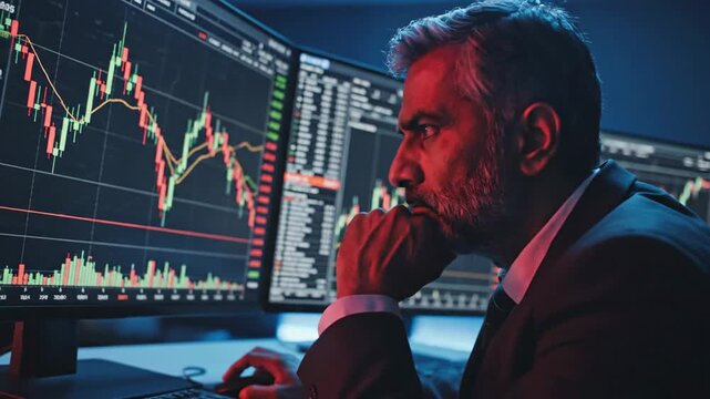 Experienced investor analyzes stock market charts on large screens