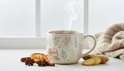 Steaming herbal tea in floral cup with ginger cinnamon and dried orange creates cozy winter wellness moment by window with warm knit fabric