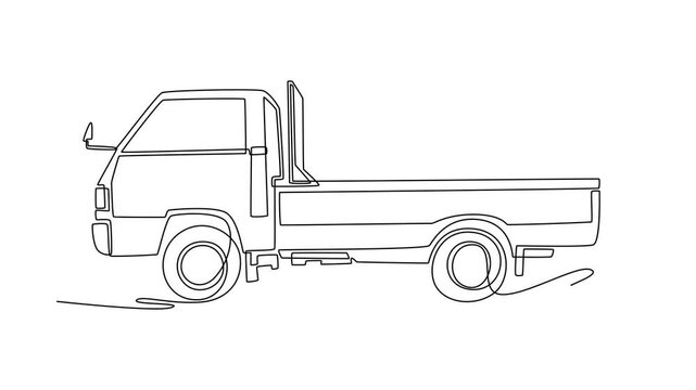 Animated self drawing of continuous line draw side view commercial flatbed pickup truck. Utility transport, local business delivery logistics, general freight haulage. Full length one line animation
