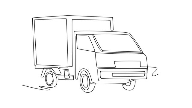 Animated self drawing of continuous line draw urban cargo delivery box truck. Local courier logistics, small business freight transport, and city distribution services. Full length one line animation