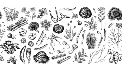 Naklejka premium Vintage apothecary seamless pattern.Traditional medicine ingredients border design. Medicinal herbs, roots, mushrooms hand drawn vector illustration in sketch style. NOT AI generated. 