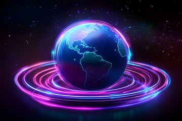 Fototapeta premium Abstract digital world globe map with glowing pink and blue neon rings symbolizing global telecommunications and fiber optic network infrastructure in deep space background for future technology