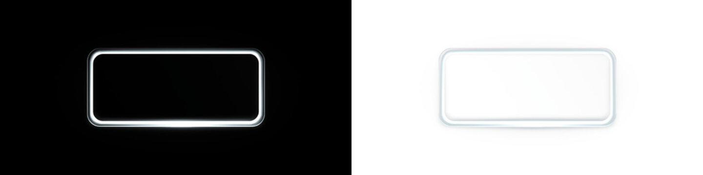 Modern neon glass frame with a glossy transparent panel and a glowing border. A futuristic digital rectangular interface element with a shiny highlight on a white background. PNG.