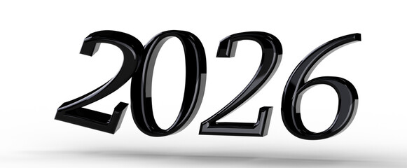 Illustration of the year 2026 in shiny black on a white background. Perfect for new year greetings and future-related th © vegefox.com