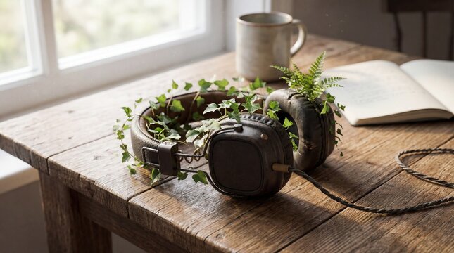 Photorealistic eco concept of headphones resting on wooden table with green plants growing through them in reconnection mood