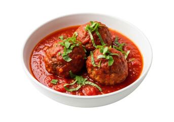 Delicious meatballs in rich tomato sauce garnished with fresh herbs isolated on transparent background
