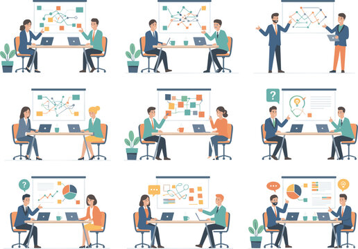 Flat vector business illustrations of diverse teams in workshops analyzing complex flowcharts data maps and presenting strategic project insights.