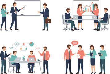 Flat vector illustrations of professionals giving presentations collaborating on organizational charts and engaging in executive mentorship and team meetings.