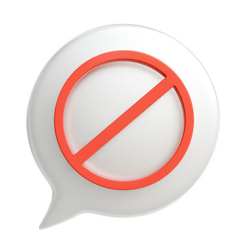 Red restriction sign on white speech bubble. Concepts of block chat and forbidden communication. Social media safety tool for online moderation 3D icon isolated