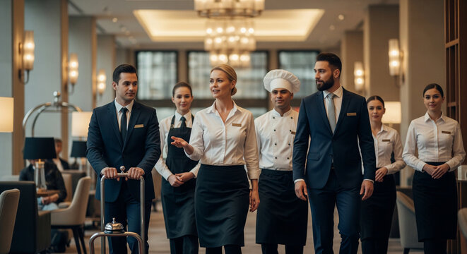 Professional Hotel Staff Team Posing Confidently in Luxury Lobby.