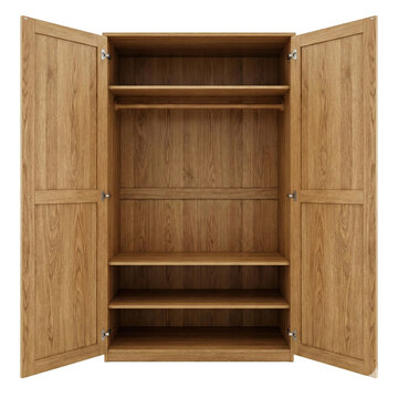 Empty wooden wardrobe with open doors and shelves