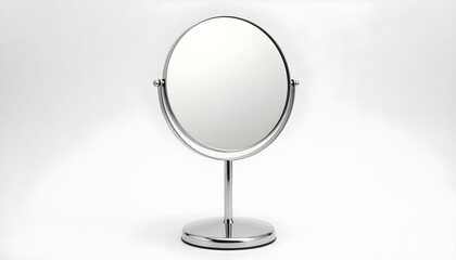 Fototapeta premium Modern chrome tabletop vanity mirror with a round reflective surface on a stand
