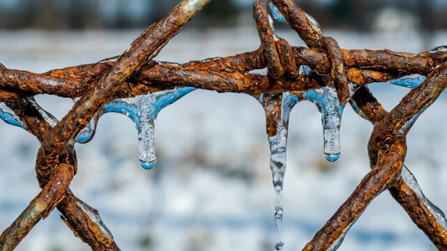 Melting Ice on Rusty Barbed Wire: Early Spring Thaw