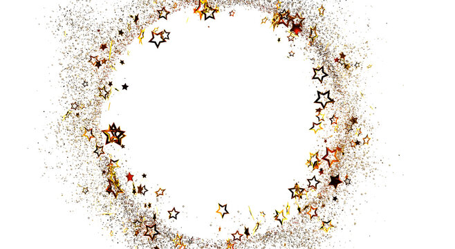 Festive abstract golden star circle with glitter on white backdrop for holiday designs and backgrounds. Suitable for cel