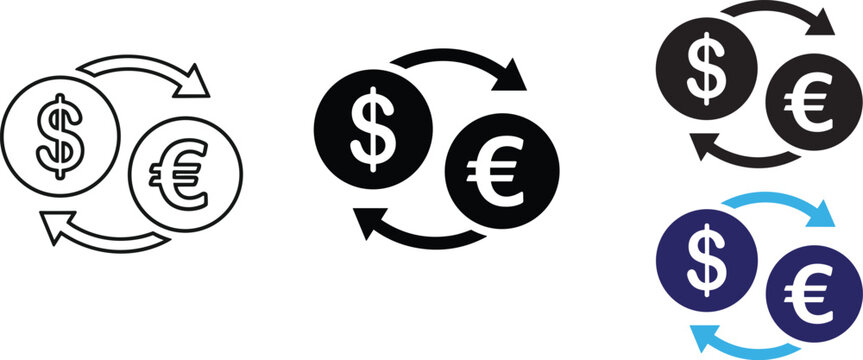 Currency exchange icon dollar and euro coins with arrows showing rotation outline and filled color variations