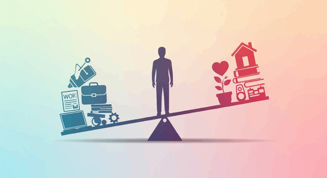 Person on a seesaw balancing work items with personal life symbols