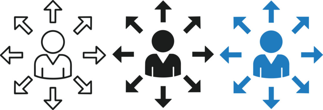 Person icon with multiple arrows pointing outward for distribution or expansion outline filled and colored variations