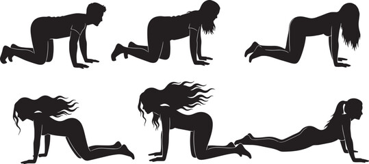 Six Silhouettes of a Woman in Various Yoga Poses on a White Background, Demonstrating Flexibility and Strength in a Contortionist Style
