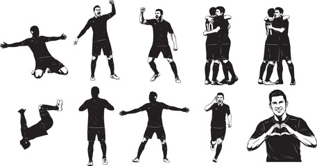 A collection of diverse football player poses and celebratory gestures in silhouette, capturing the dynamic spirit of the sport on a clean background