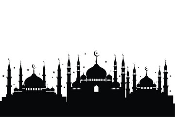Silhouette of a mosque with minarets and domes © Thuhora Khatun