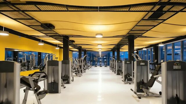 Modern, spacious fitness center interior. Empty gym with rows of exercise machines, bright lighting, for health and wellness.