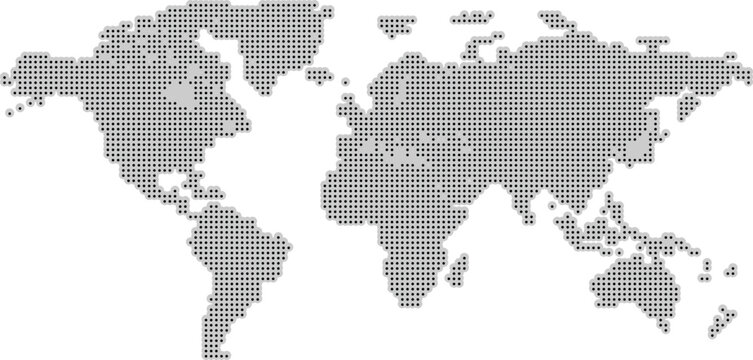 Halftone world map with dotted globe continents in black and white, abstract Earth geography graphic for digital infographics and global design concept, vector isolated illustration