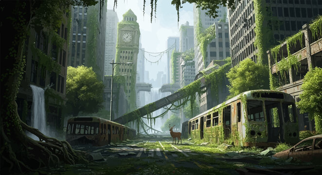 Overgrown city with a deer amidst ruins, a clock tower, and abandoned trams