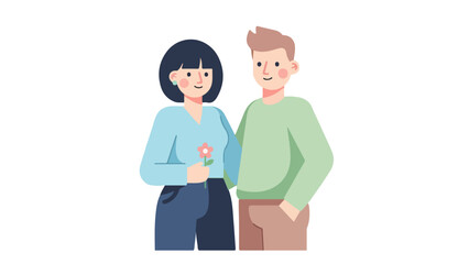 Obraz premium Happy Couple Illustration: Man and Woman Standing Together, Holding a Flower | Relationship, Dating, Valentine's Day Flat Vector Graphic
