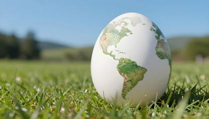 Easter egg painted with the Earth's continents rests on green grass under a clear blue sky