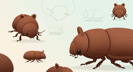 Multiple brown beetles, some cartoonish, some sketched, on a light background